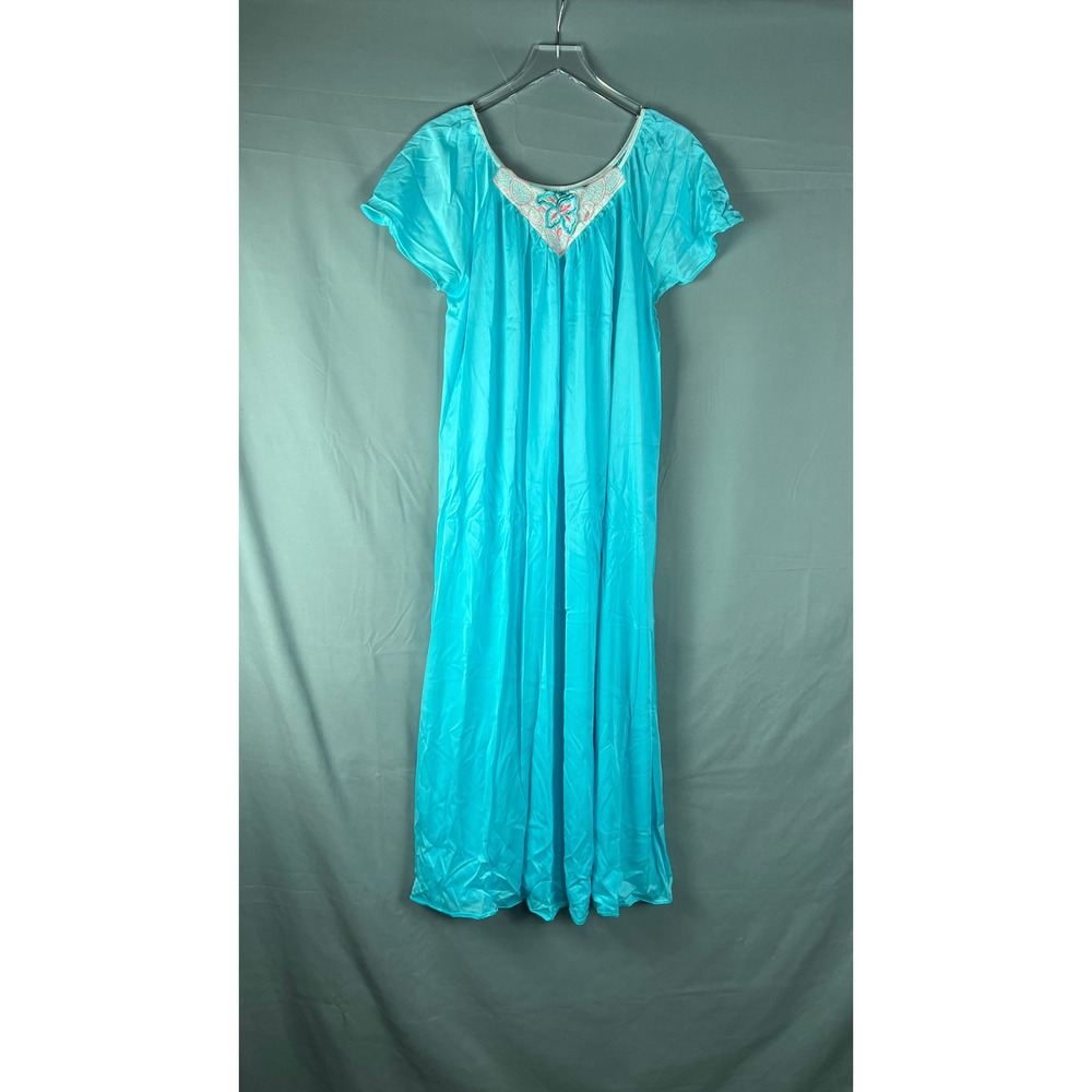 Vintage Long Nightgown Womens Large Turquoise Floral Applique Lace Trim V Neck